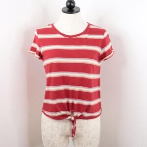 American Eagle Women's M Red Stripe Tie-Waist Short Sleeve Cropped Casual Top